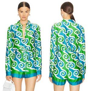 NWT Alexis Qu Swirl Satin Button Collared Long-Sleeve Romper Multi Color Size: L